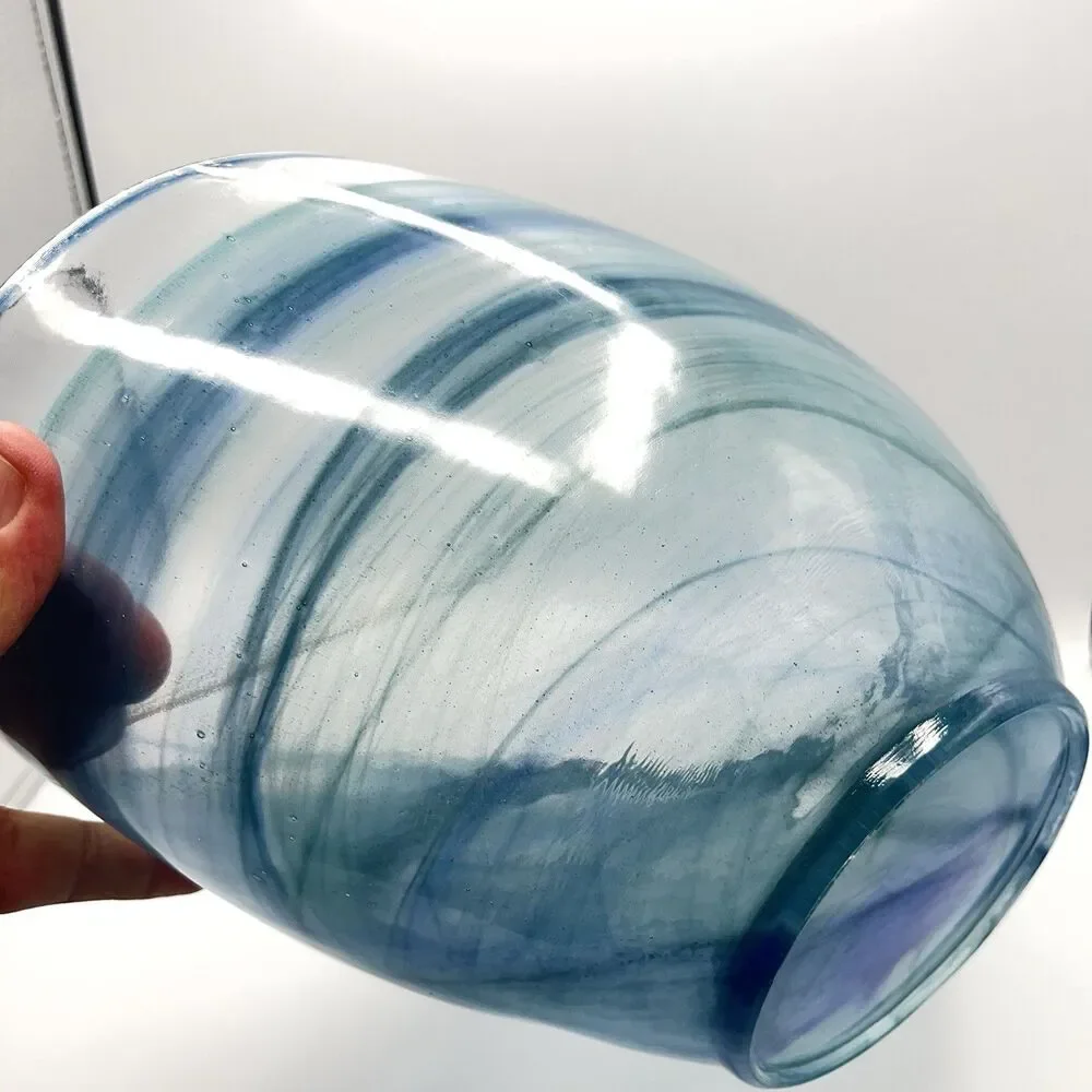 14"x7" Oval Blue Folded Satin Glass Bowl Lines Swirls - Picture 13 of 16